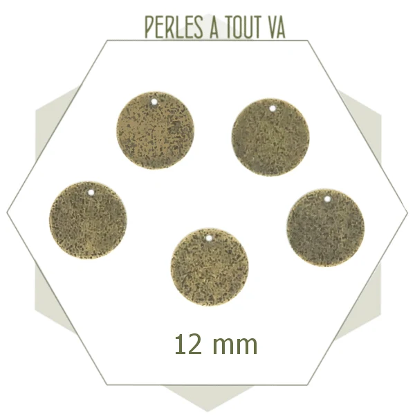 8 breloques cercles bronze, texture granité 12 mm