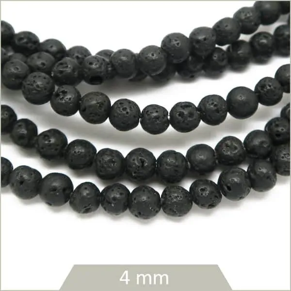 Env. 85 perles rondes en pierre de lave noire, 4 mm