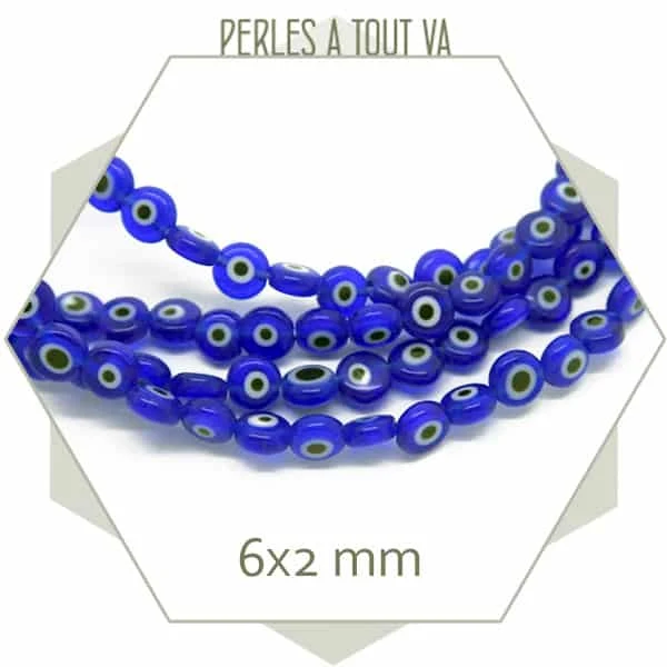 Env. 60 perles plates œil en verre couleur bleu, 6 mm