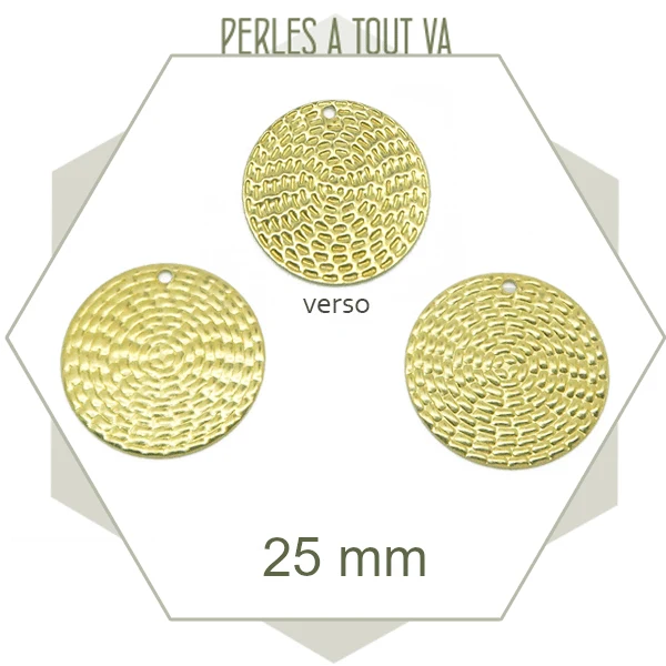 6 breloques rondes texture vannerie en laiton brut, 25 mm