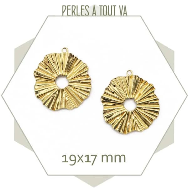 6 breloques donut rondes plissées 17 mm en laiton brut