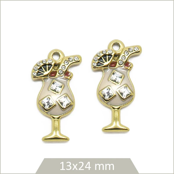2 breloques cocktail en acier inoxydable doré, effet émail blanc et strass