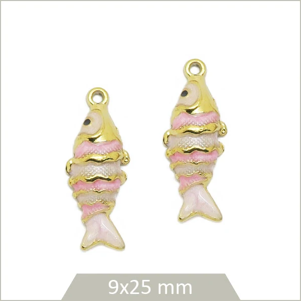 2 breloques poisson en acier inoxydable doré et effet émail rose
