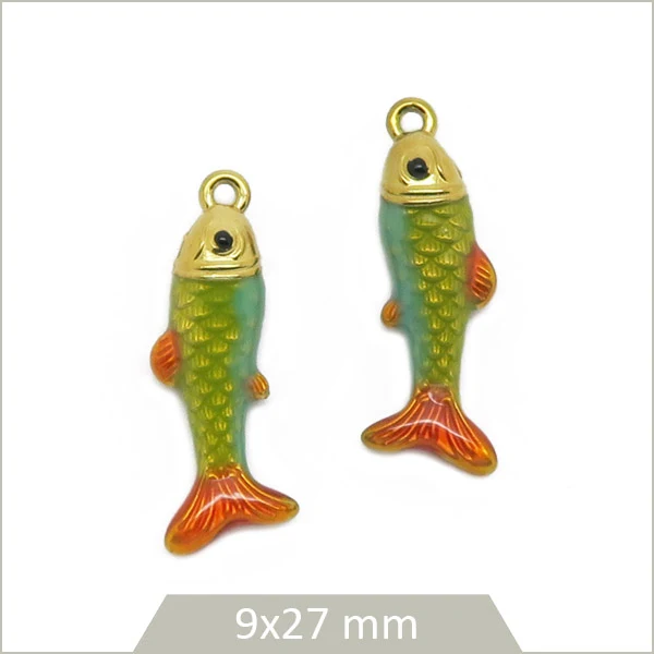 2 breloques poisson en acier inoxydable doré et effet émail bleu-vert