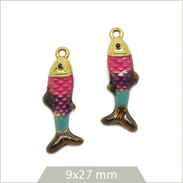 2 breloques poisson en acier inoxydable doré et effet émail rose violet
