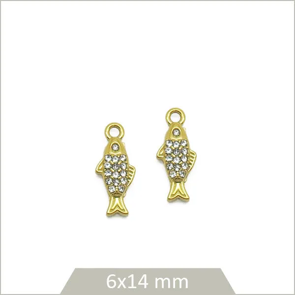 2 breloques poisson en acier inoxydable doré et strass