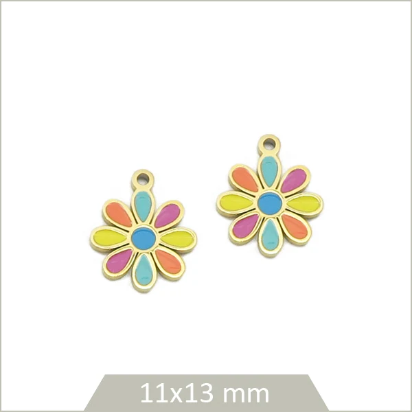 2 breloques fleur en acier inoxydable doré et effet émail multicolore