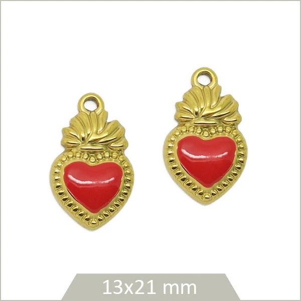 2 breloques cœur ex-voto en acier inoxydable doré – rouge émail
