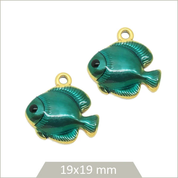 2 breloques poisson discus vert d'eau en acier inoxydable doré