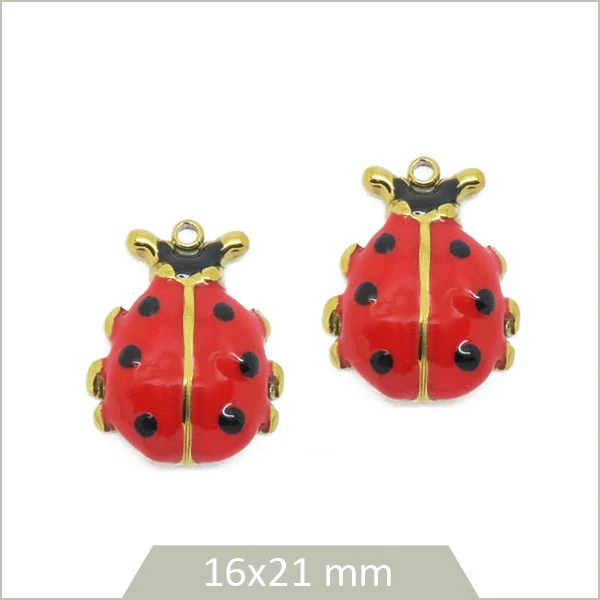 2 breloques coccinelle en acier inoxydable doré et effet émail coloré