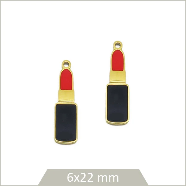2 breloques rouge à lèvres en acier inoxydable doré et effet émail coloré