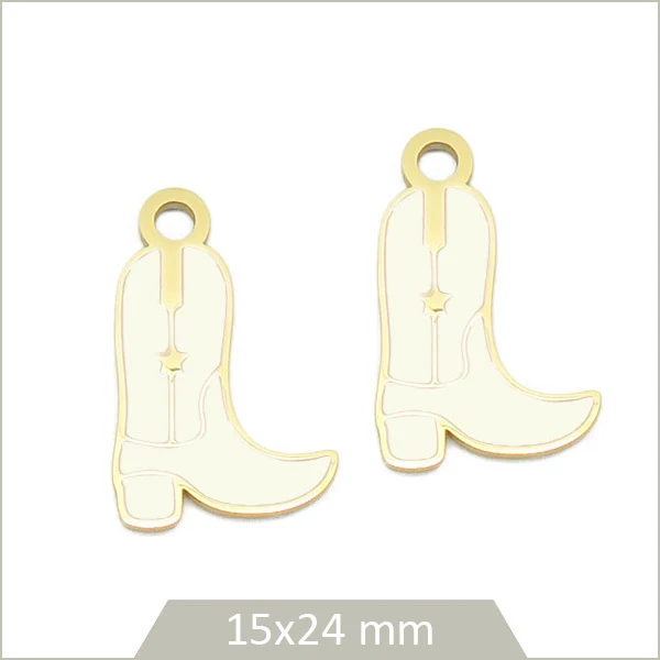 2 breloques santiag en acier inoxydable doré et effet émail blanc
