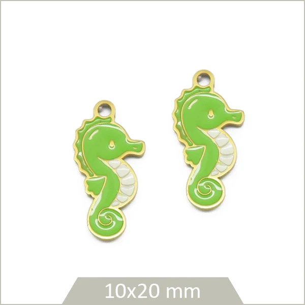 2 breloques hippocampe en acier inoxydable doré et effet émail vert