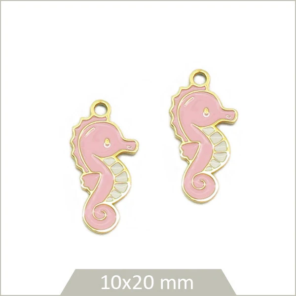 2 breloques hippocampe en acier inoxydable doré et effet émail rose
