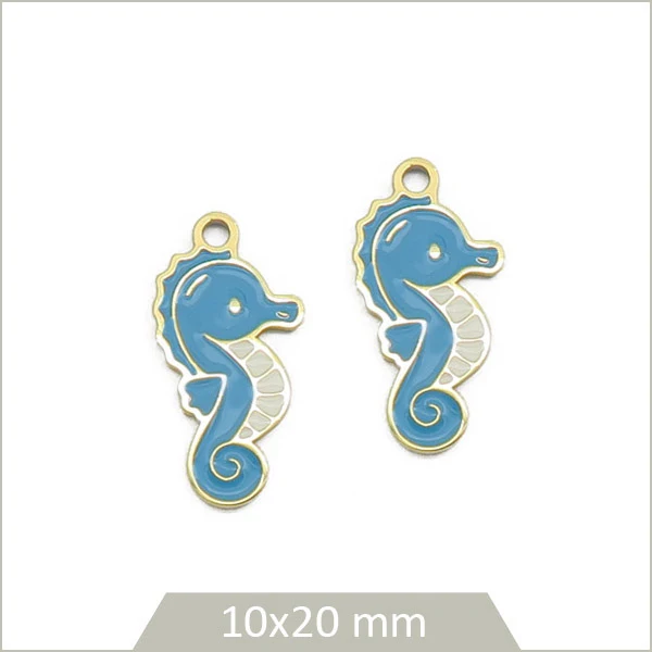 2 breloques hippocampe en acier inoxydable doré et effet émail bleu