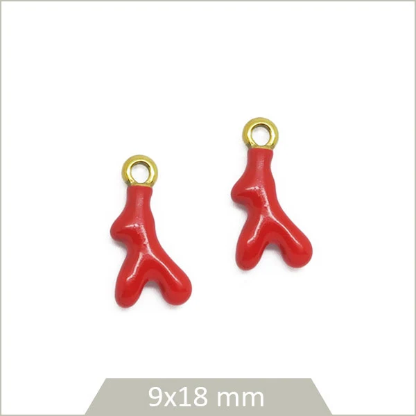 2 breloques corail en acier inoxydable doré et effet émail rouge