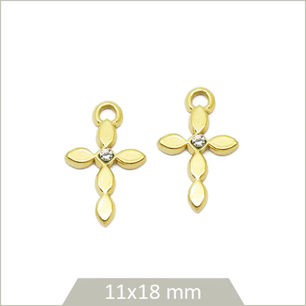 2 breloques croix en acier inoxydable doré et strass verre