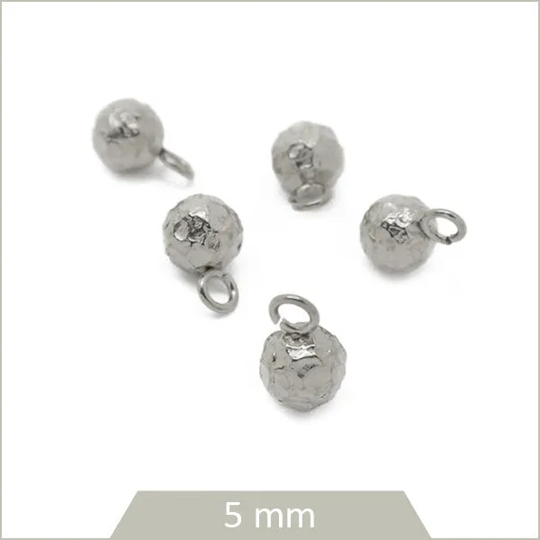 6 breloques billes martelées en acier inoxydable, 5 mm