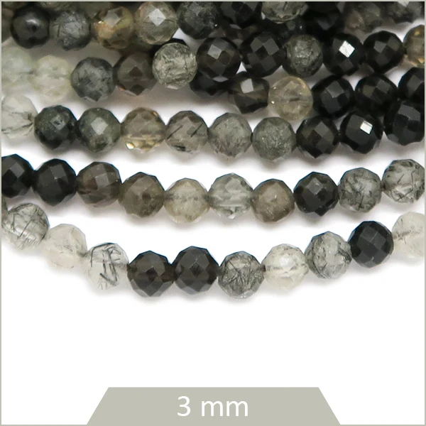 Env. 110 perles à facettes en Quartz rutilé noir, 3 mm