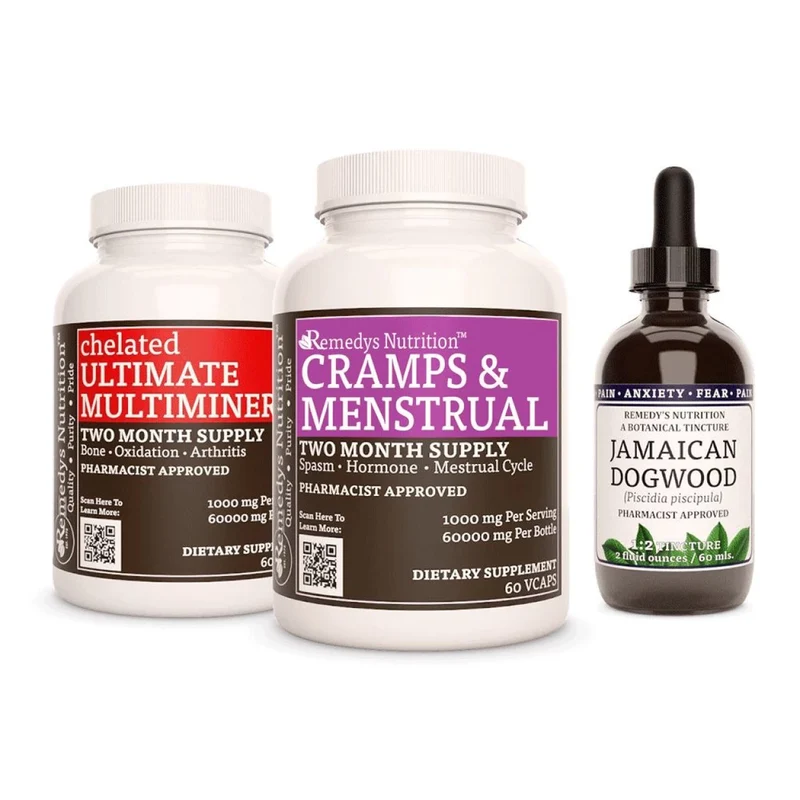 Pack d'alimentation pour les crampes et le syndrome prémenstruel™ : trois flacons de capsules et de teinture