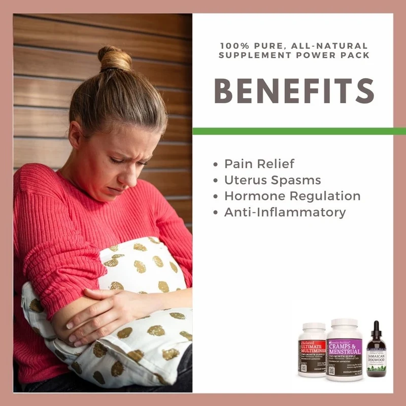 Pack d'alimentation pour les crampes et le syndrome prémenstruel™ : trois flacons de capsules et de teinture
