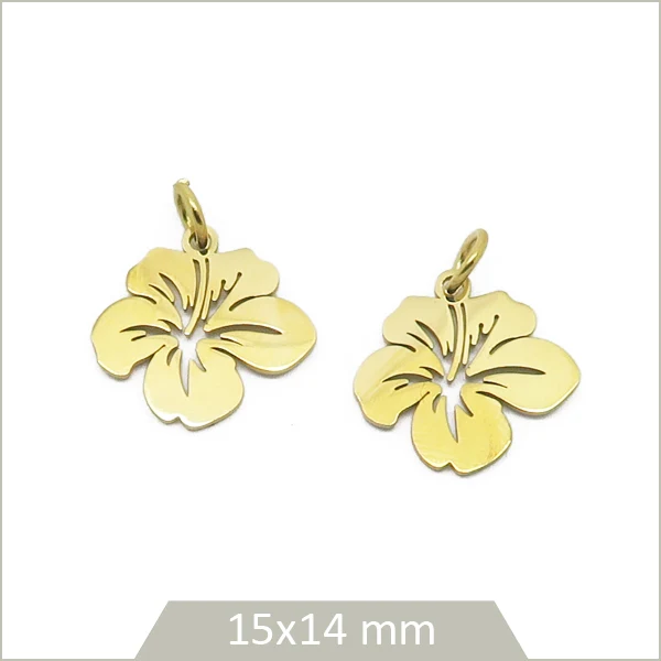 4 breloques hibiscus en acier inoxydable 304 doré 18K