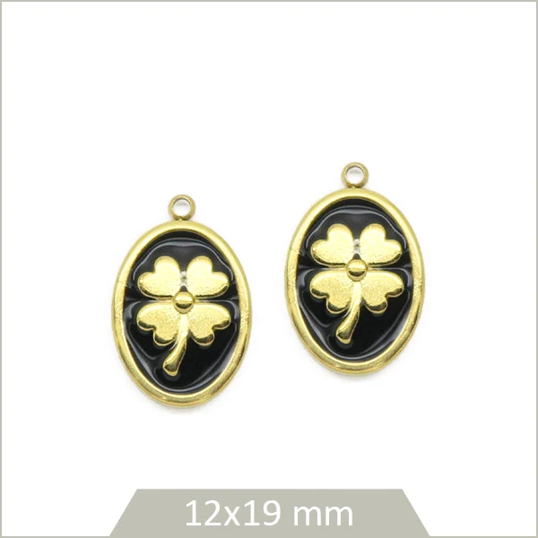2 breloques ovales noires motif trèfle en acier inoxydable doré