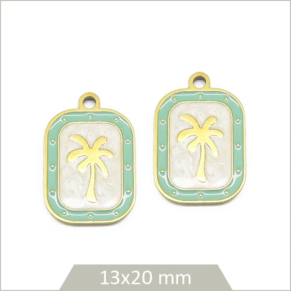 2 breloques rectangle palmier en acier inoxydable doré, effet émail vert d'eau