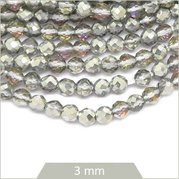 Env. 125 perles de verre à facettes argent irisé, 3 mm