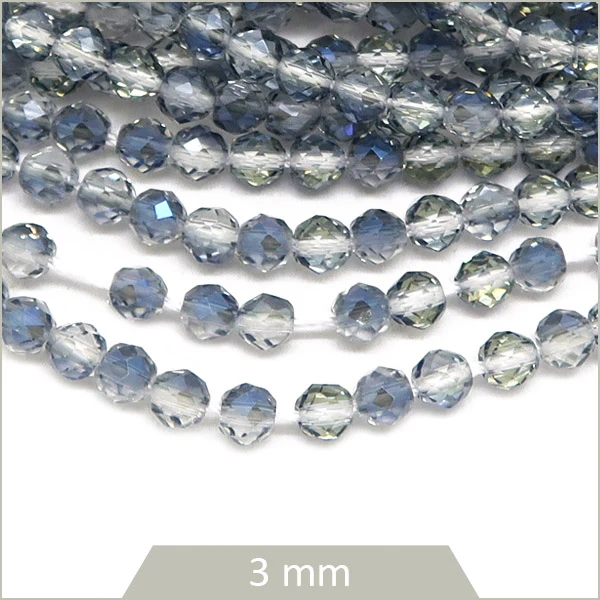 Env. 125 perles de verre à facettes grises transparentes reflets bleus, 3 mm