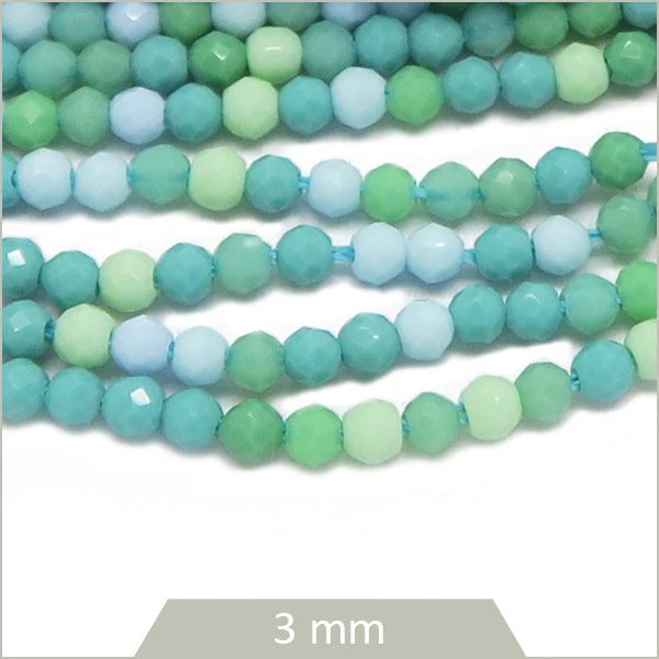Env. 125 perles de verre à facettes mix vert et bleu turquoise, 3 mm