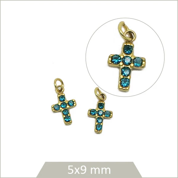 2 petites breloques croix en acier inoxydable doré et strass verre effet aigue-marine