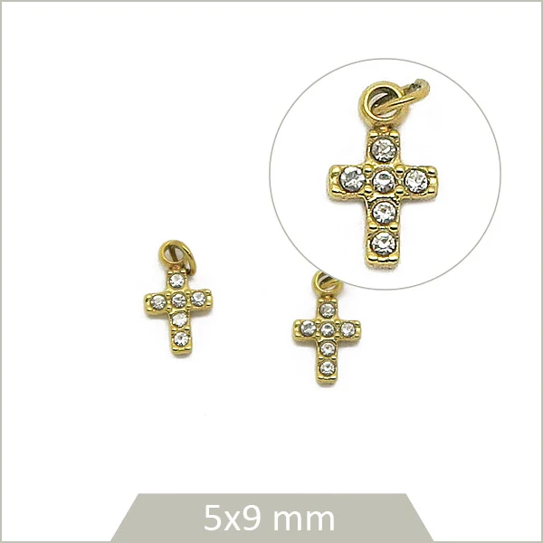 2 petites breloques croix en acier inoxydable doré et strass verre effet cristal