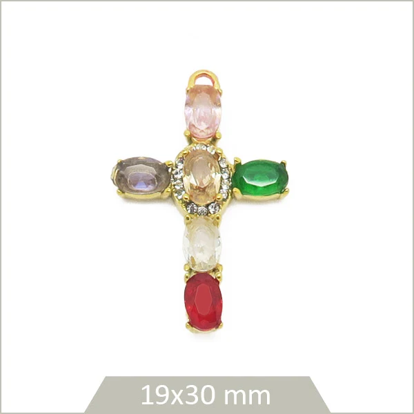 1 breloque croix baroque en acier inoxydable doré et strass en verre teinté multicolore