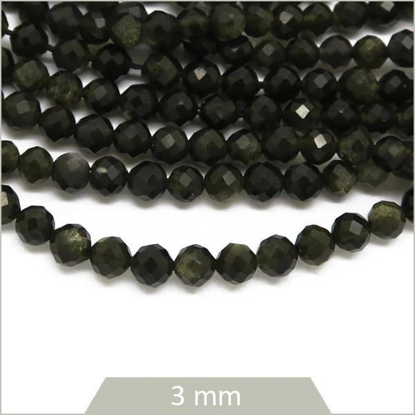 Env. 130 perles à facettes en Obsidienne, 3 mm