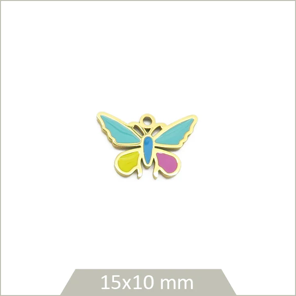 1 breloque papillon en acier inoxydable doré et effet émail multicolore