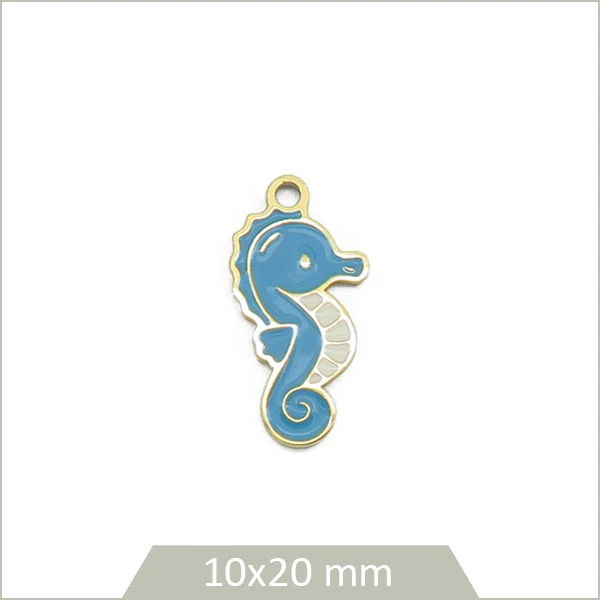 1 breloque hippocampe en acier inoxydable doré et effet émail bleu