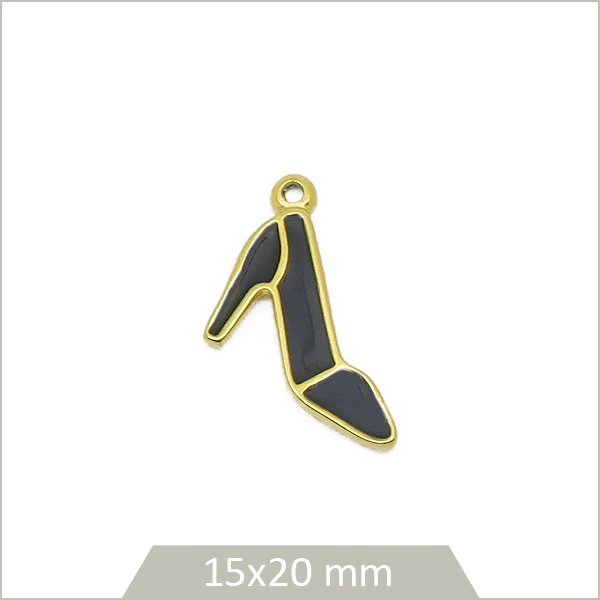 1 breloque escarpin en acier inoxydable doré et effet émail noir