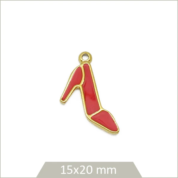 1 breloque escarpin en acier inoxydable doré et effet émail rouge