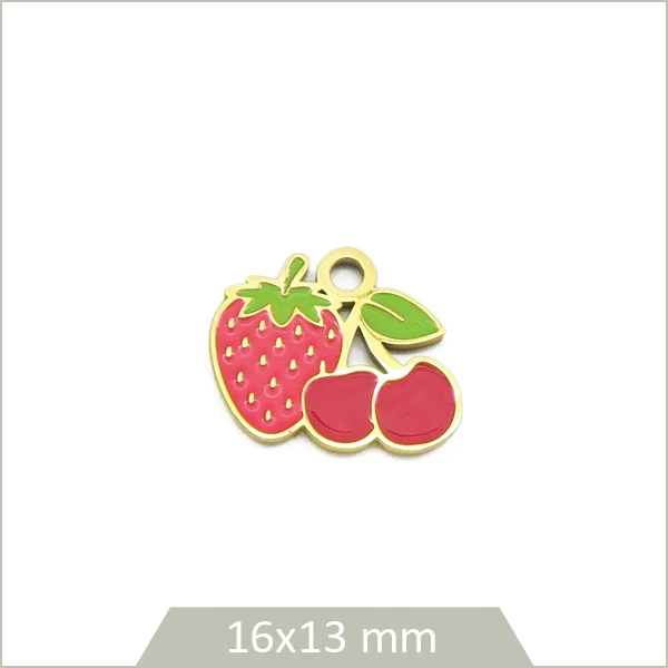 1 breloque fraise et cerises en acier inoxydable doré et effet émail coloré