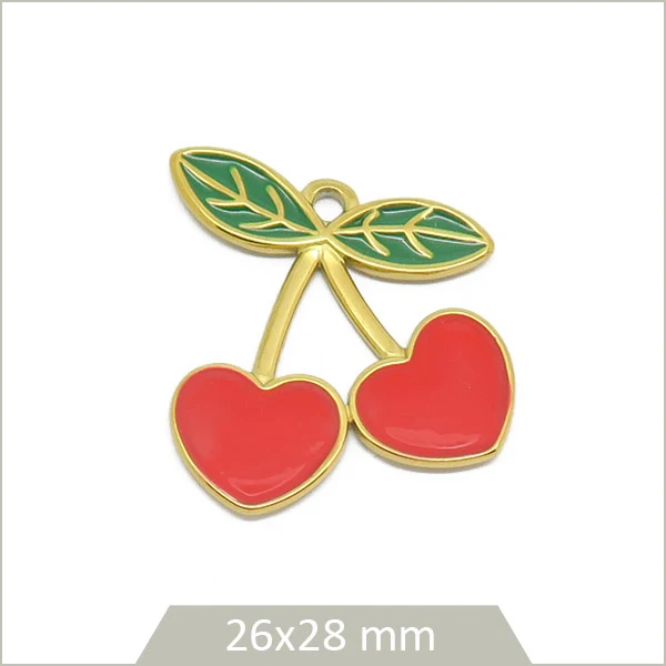 1 breloque cerises coeur en acier inoxydable doré et effet émail coloré