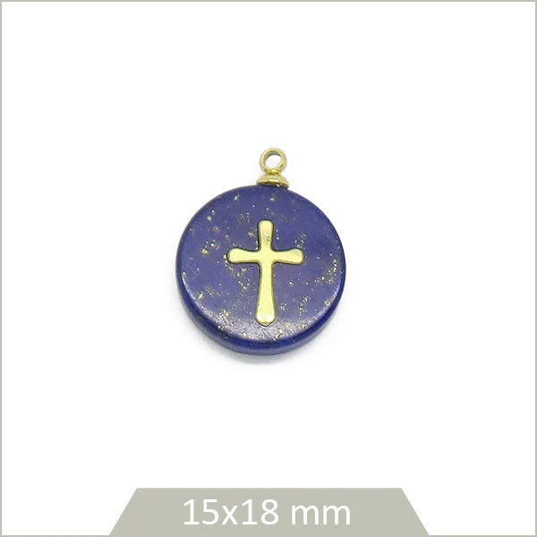 1 pendentif rond en Lapis Lazuli et croix en acier inoxydable doré