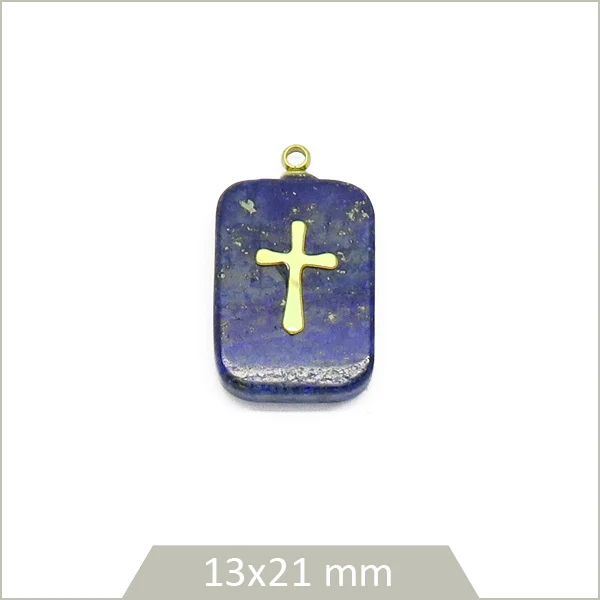 1 pendentif rectangle en Lapis Lazuli et croix en acier inoxydable doré