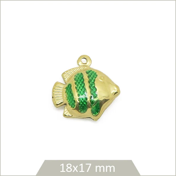 1 breloque poisson à rayures vertes en acier inoxydable doré