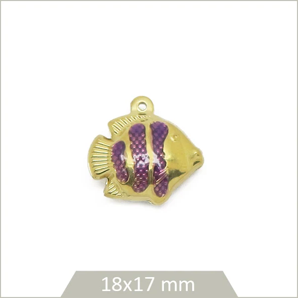 1 breloque poisson à rayures violettes en acier inoxydable doré