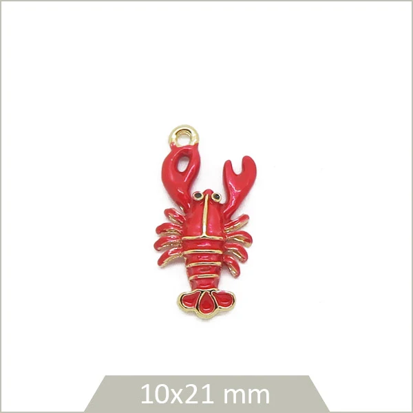 1 breloque homard, alliage de laiton doré et d'effet émail rouge