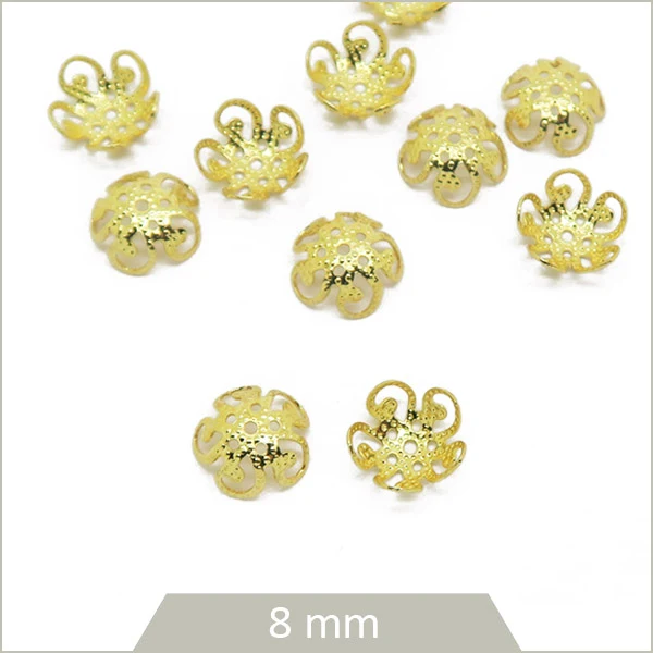 10 coupelles fleur en acier inoxydable doré, 8 mm