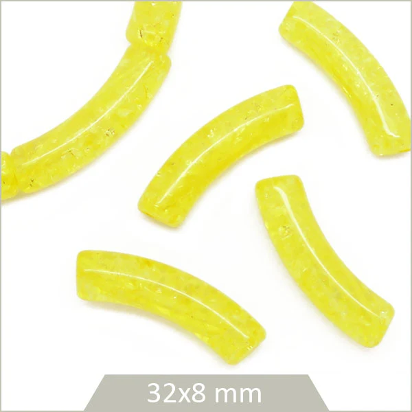 12 perles tubes incurvés jaune transparent craquelé 8 mm