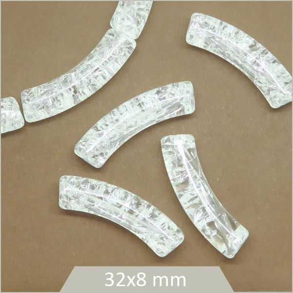 12 perles tubes incurvés blanc transparent craquelé 8 mm