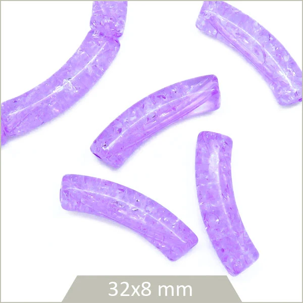 12 perles tubes incurvés lila transparent craquelé 8 mm